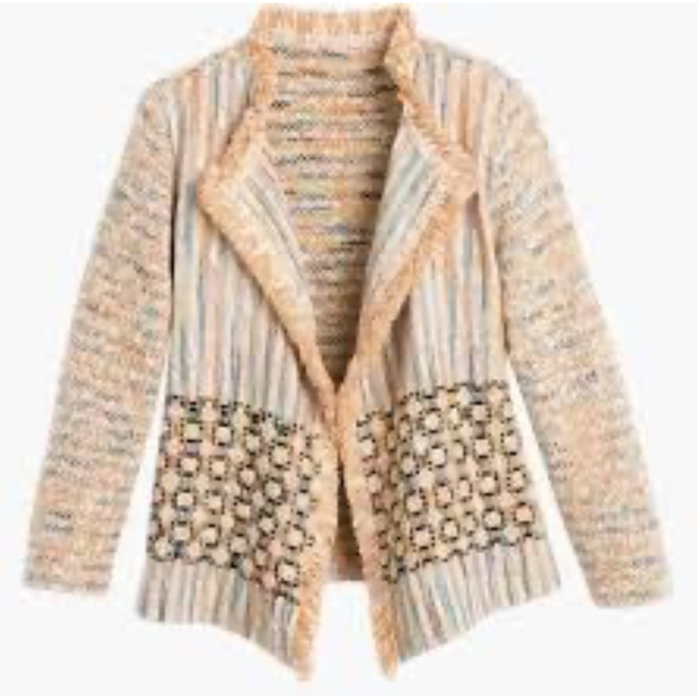 Chico's Textured Bonnie Fringe Open-Front Tweed Cardigan Sweater